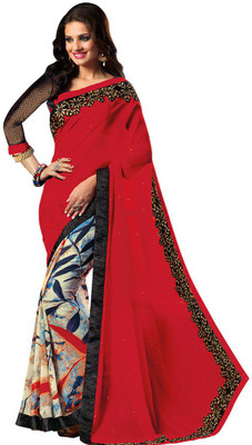 

Desi Butik Embroidered Fashion Georgette, Net Saree(Red, Beige), Red and beige