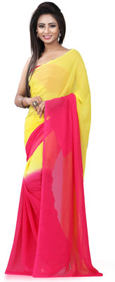 Khushali Self Design Fashion Georgette Saree(Yellow, Pink), Pink;yellow