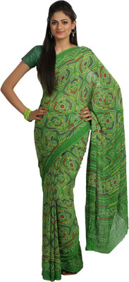 

Jaipur Kurti Printed Bandhej Viscose Saree(Multicolor), Parrot green