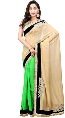 

Hawai Embroidered Fashion Chiffon Saree(Green, Beige), Green-yellow