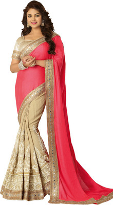 

Saara Embroidered Fashion Georgette, Silk Saree(Pink, Beige), Beige;peach pink