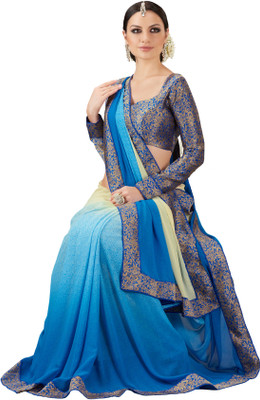 

Khoobee Self Design, Printed Fashion Georgette Saree(Beige, Light Blue)