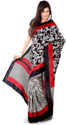 Vardan Prints Printed Kasavu Polycotton Saree(Black, Red)