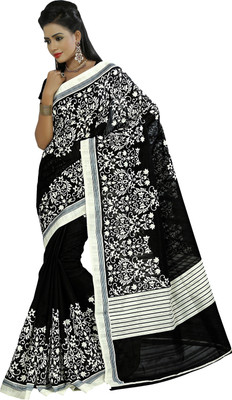 Khoobee Self Design, Printed Fashion Art Silk Saree(Black, White)