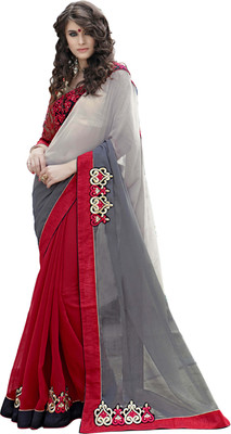 

Manthan Embroidered Fashion Georgette Saree(Red), Red & grey