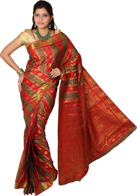 

Mimosa Self Design Kanjivaram Handloom Art Silk Saree(Orange), Multi-orange