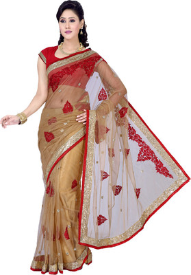 

Ishin Embroidered Fashion Net Saree(Beige), Chiku