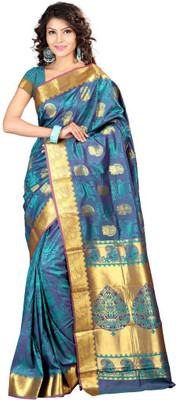 

Manthan Printed Daily Wear Art Silk Saree(Blue, Yellow), Blue & gold