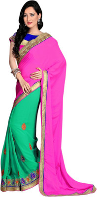 

Khoobee Self Design, Embroidered Fashion Georgette Saree(Pink, Green, Blue), Blue;green;pink