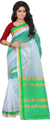 

It's Banii Checkered Assam Silk Handloom Silk Cotton Blend Saree(Green)