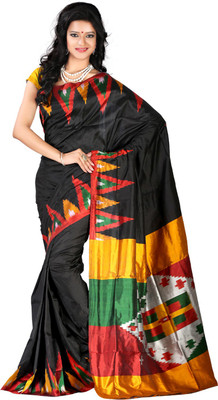 

Roopkala Silks Printed Pochampally Handloom Pure Silk Saree(Black, Red)