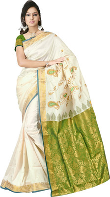 JagannathSaree Embellished Bollywood Silk Saree(White, Green), Green;white