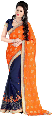 

Khoobee Self Design, Embroidered, Embellished Fashion Georgette Saree(Dark Blue)