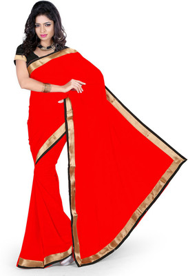Party Wear Dresses Plain Fashion Georgette Saree(Red)