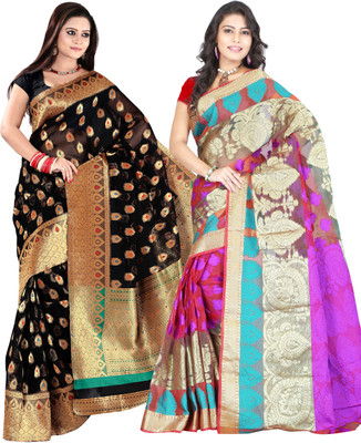 

It's Banii Woven Banarasi Handloom Banarasi Silk Saree(Pack of 2, Black, Purple)