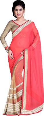 

Khoobee Self Design, Embroidered Fashion Chiffon, Net Saree(Beige, Pink)