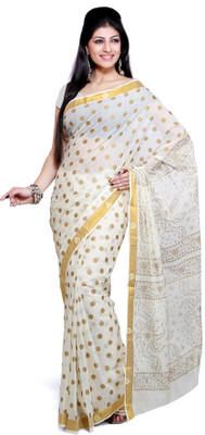 

Ishin Printed Mysore Cotton Saree(White, Gold)