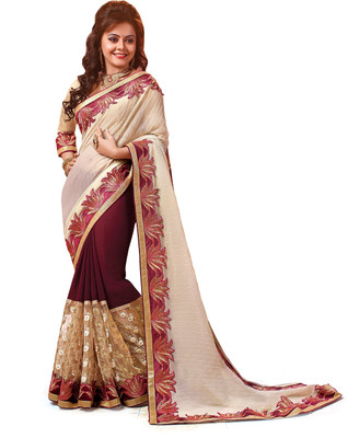 

Ridham Sarees Self Design, Embroidered Bollywood Pure Georgette Saree(Beige, Maroon)