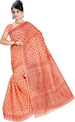 

revathi textiles Printed Gadwal Cotton Saree(Orange)