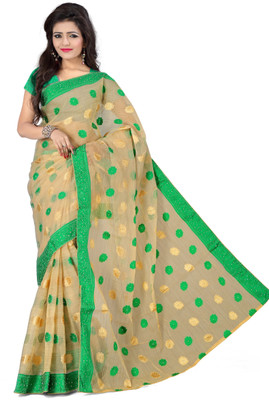 

Indianbeauty Embroidered Fashion Handloom Cotton Saree(Beige, Green), Creem;green