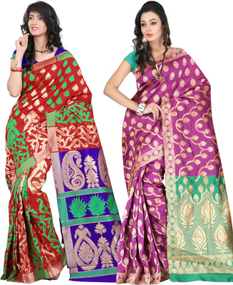 

It's Banii Woven Banarasi Handloom Silk Saree(Pack of 2, Red, Pink), Pink;red
