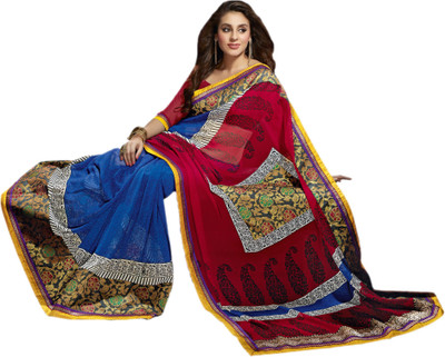 Vishal Self Design Bollywood Georgette Saree(Maroon, Blue), Blue;maroon