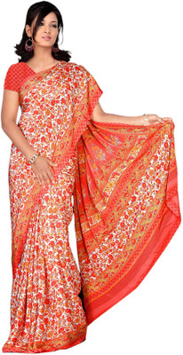 Khoobee Printed Fashion Crepe Saree(Orange, White)