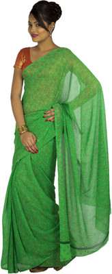 Jaipur Kurti Printed Bandhej Chiffon Saree(Green)