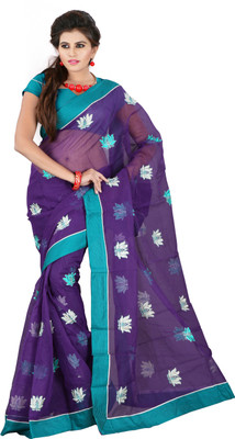 

Weavedeal Embellished, Embroidered Bollywood Cotton, Net Saree(Dark Blue)