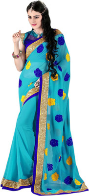 

Khoobee Self Design, Embroidered Fashion Georgette Saree(Light Blue, Blue), Blue;light blue
