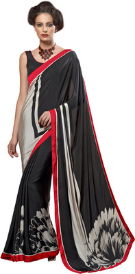 Manthan Printed Daily Wear Silk, Crepe Saree(Black, Grey)