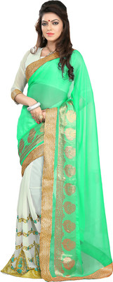 

Parisha Embroidered Daily Wear Georgette Saree(Green, White), Light sea green & white