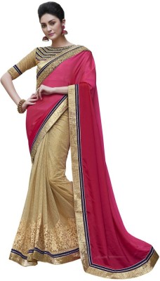 

Desi Butik Embroidered Fashion Chiffon, Brocade Saree(Pink, Beige), Pink and beige