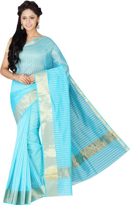 

Pavechas Striped Banarasi Silk Cotton Blend Saree(Blue)
