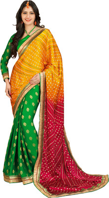 

Vandv Shop Printed Fashion Handloom Silk Saree(Green), Green;yellow
