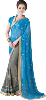 

Khoobee Self Design, Embroidered, Embellished Fashion Georgette, Chiffon Saree(Blue, Grey)