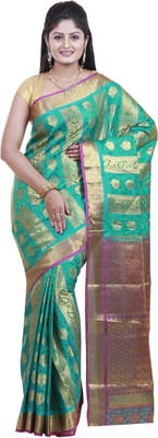 

Mimosa Woven Kanjivaram Art Silk Saree(Green), Rama
