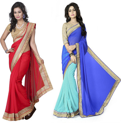 

Aai Shree Khodiyar Art Solid Bollywood Chiffon Saree(Pack of 2, Multicolor)