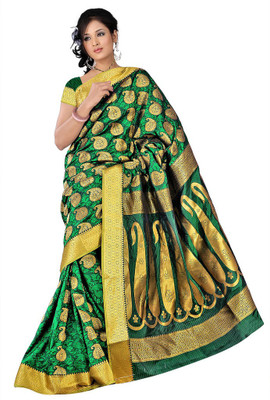 

Manthan Printed Daily Wear Art Silk Saree(Green, Yellow), Green & gold
