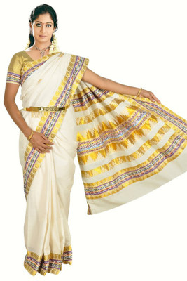 

Fashionkiosks Self Design, Embroidered Balarampuram Handloom Cotton Saree(Multicolor), Cream