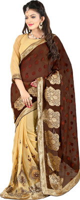 

Saara Embroidered Fashion Cotton Saree(Brown), Brown and cream