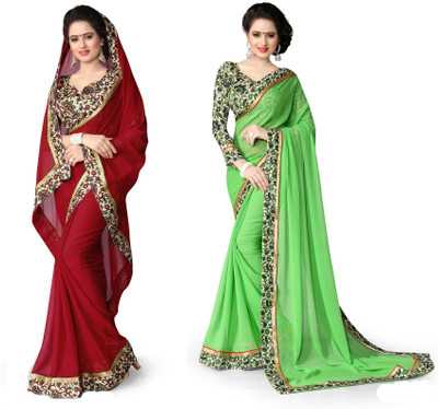 

Indianbeauty Self Design, Solid Fashion Chiffon Saree(Pack of 2, Green, Red), Pista;red