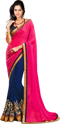 

Party Wear Dresses Embroidered Fashion Chiffon, Georgette Saree(Pink, Dark Blue), Dark blue;pink