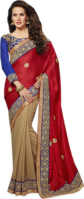 

Ishin Self Design Fashion Chiffon Saree(Beige), Beige & red