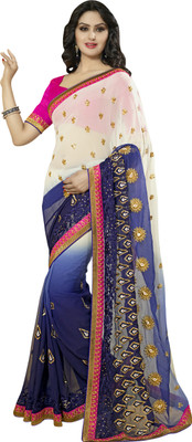 

Khoobee Embellished, Embroidered, Self Design Fashion Chiffon Saree(Blue, White), Blue;cream;white