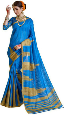 

Ishin Printed Bhagalpuri Art Silk Saree(Blue), Blue & beige