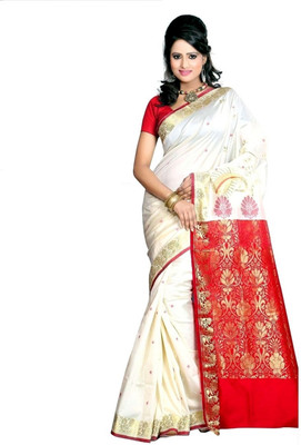 

JagannathSaree Embellished Bollywood Silk Saree(White, Red), Red;white