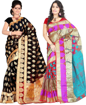 

It's Banii Woven Banarasi Handloom Banarasi Silk Saree(Pack of 2, Black, Blue)