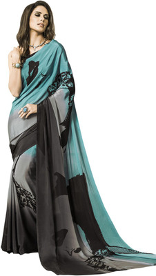 Saara Printed Fashion Silk Saree(Green, Grey), Turquoise and grey