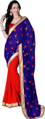 

Jiya Self Design, Embroidered Fashion Georgette Saree(Blue, Red)